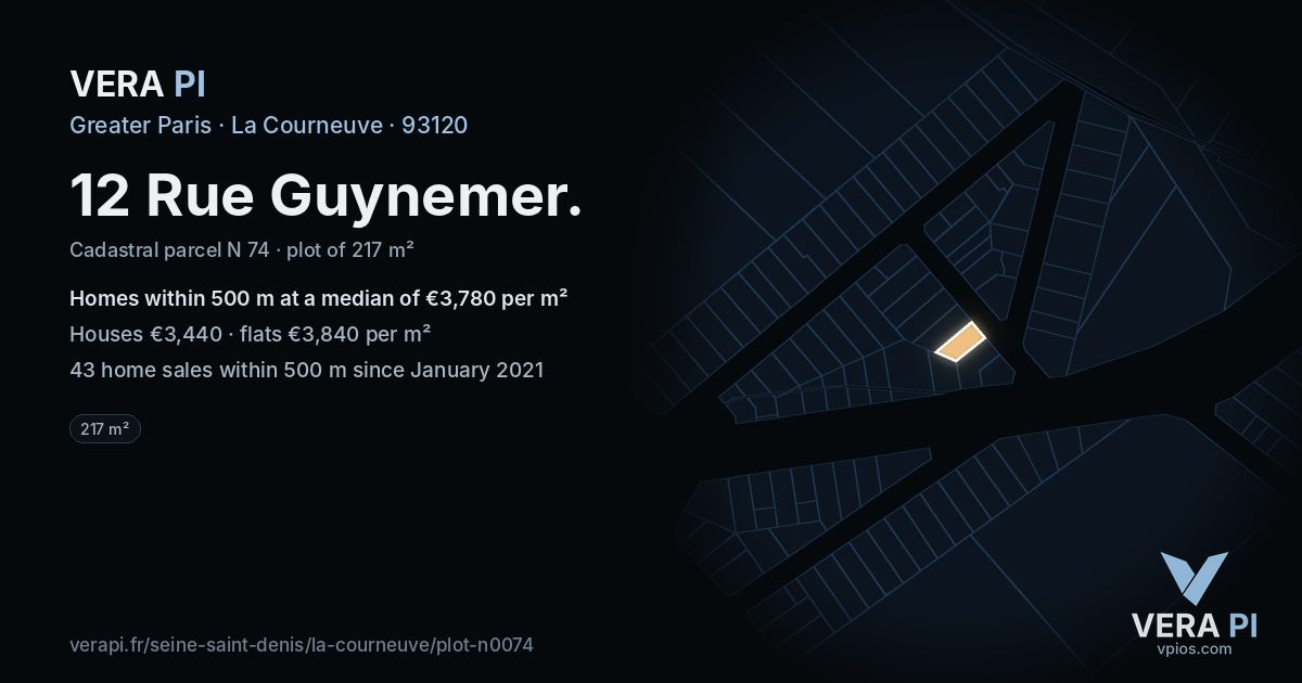 12 Rue Guynemer, La Courneuve at night – the plot lit, the parcels around coloured by the prices near them
