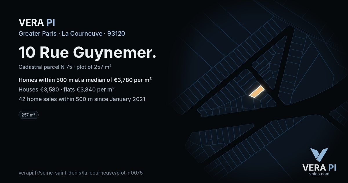 10 Rue Guynemer, La Courneuve at night – the plot lit, the parcels around coloured by the prices near them