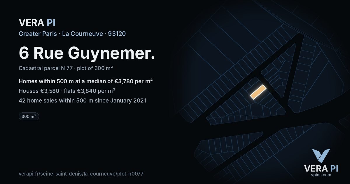 6 Rue Guynemer, La Courneuve at night – the plot lit, the parcels around coloured by the prices near them