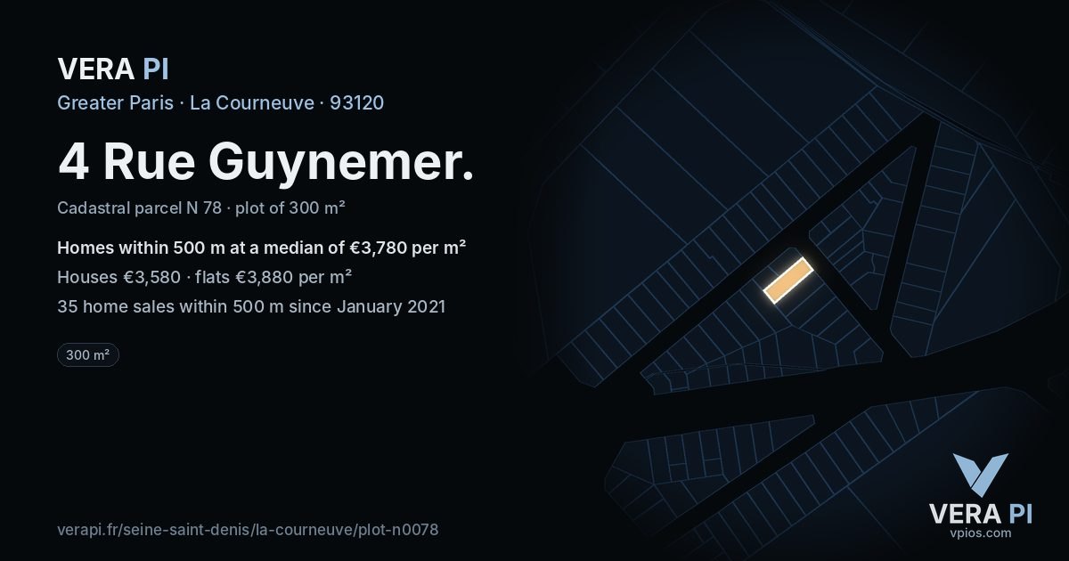 4 Rue Guynemer, La Courneuve at night – the plot lit, the parcels around coloured by the prices near them
