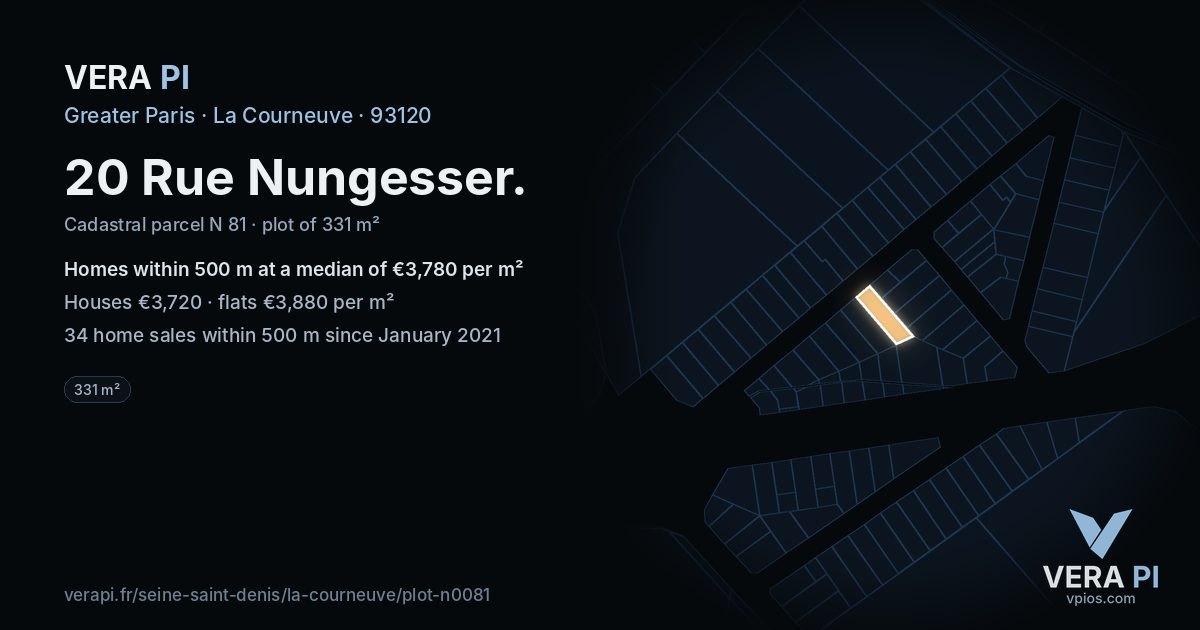 20 Rue Nungesser, La Courneuve at night – the plot lit, the parcels around coloured by the prices near them