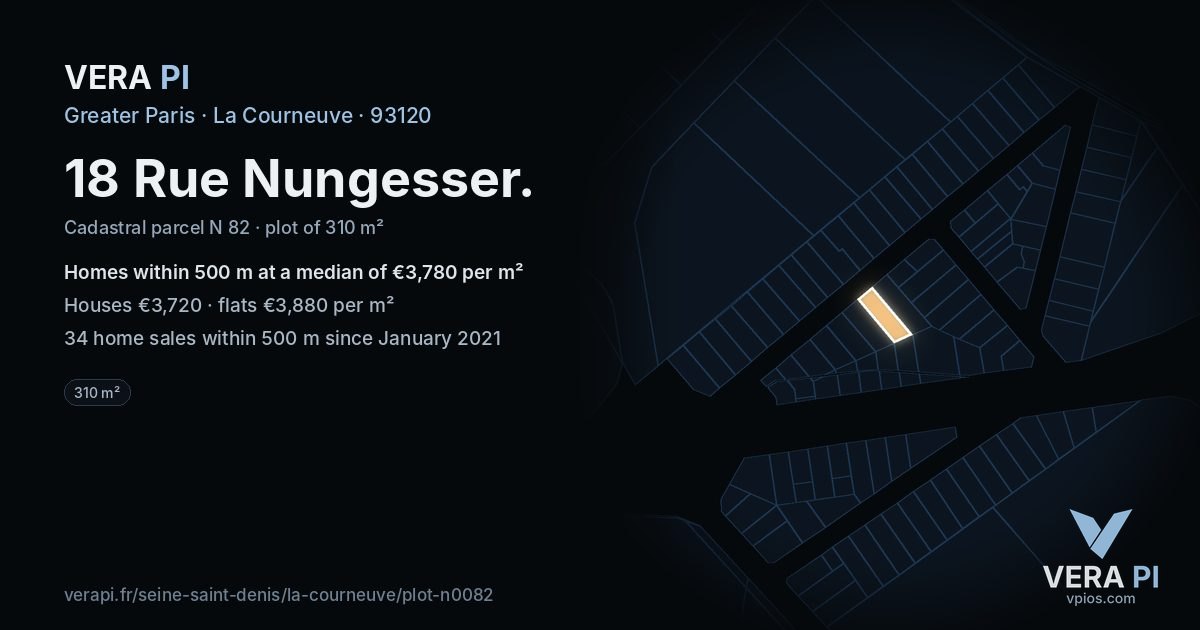 18 Rue Nungesser, La Courneuve at night – the plot lit, the parcels around coloured by the prices near them