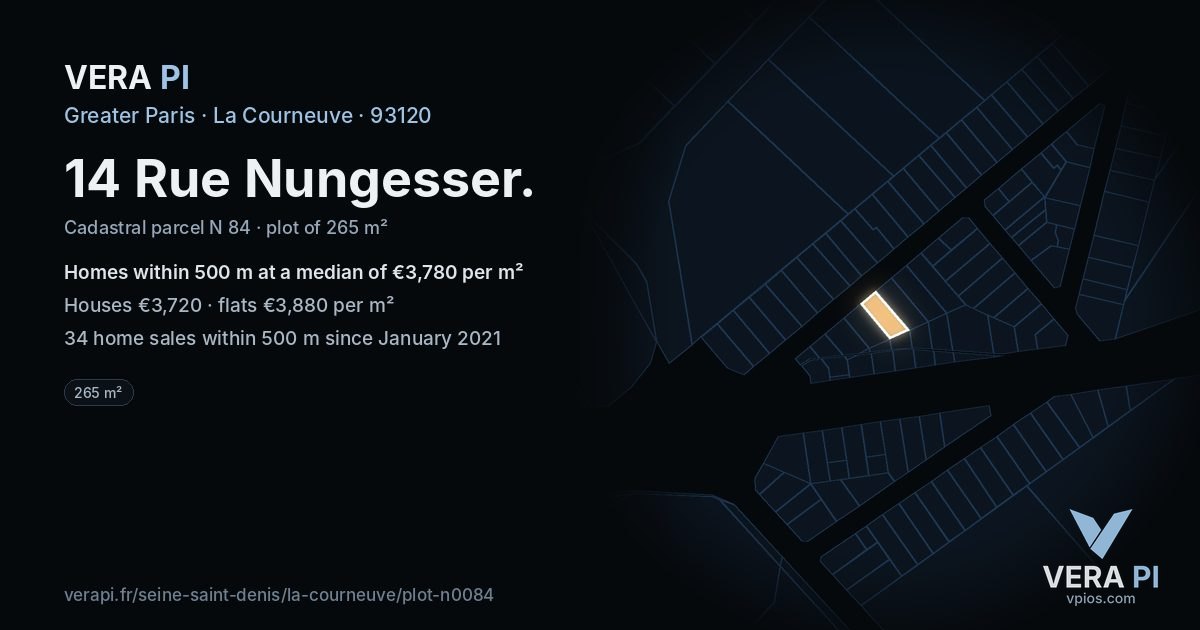 14 Rue Nungesser, La Courneuve at night – the plot lit, the parcels around coloured by the prices near them