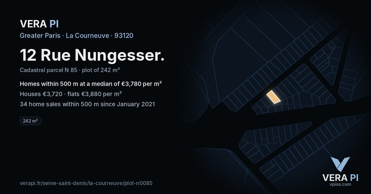 12 Rue Nungesser, La Courneuve at night – the plot lit, the parcels around coloured by the prices near them