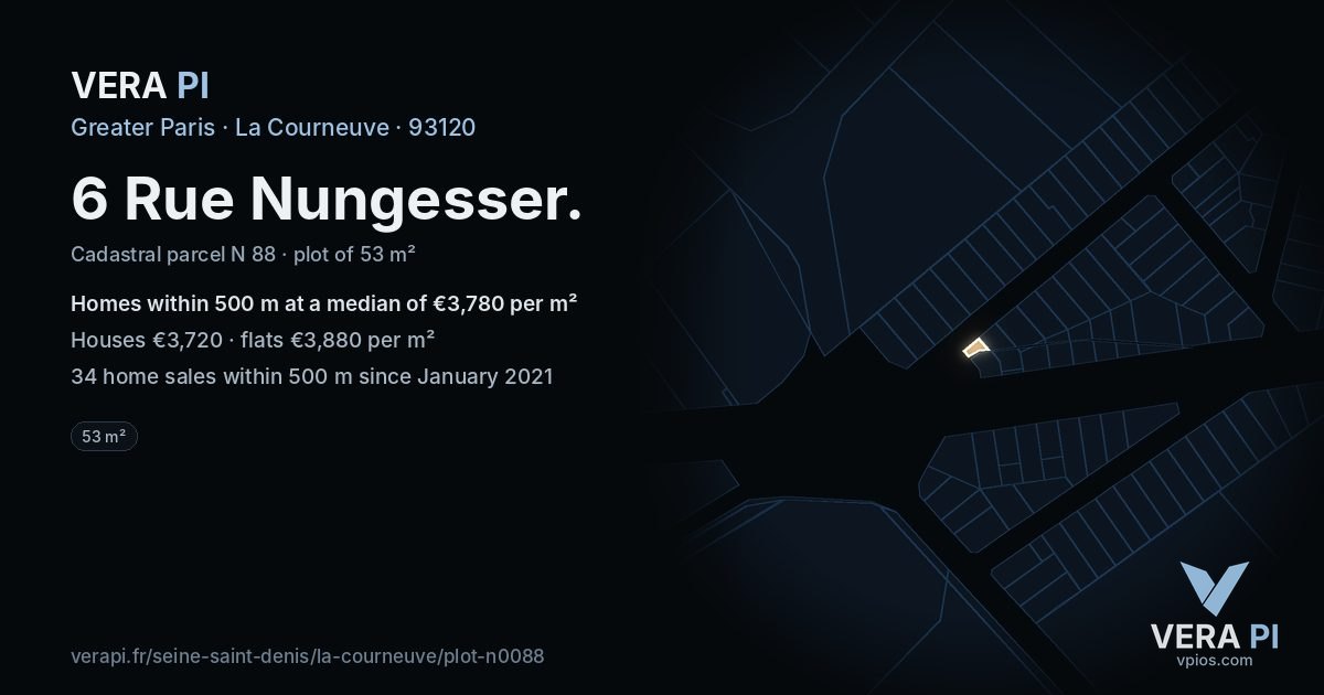 6 Rue Nungesser, La Courneuve at night – the plot lit, the parcels around coloured by the prices near them