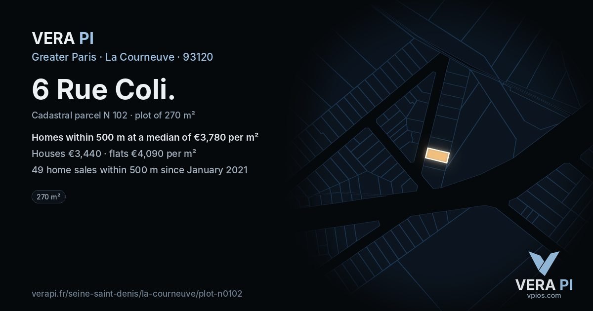 6 Rue Coli, La Courneuve at night – the plot lit, the parcels around coloured by the prices near them