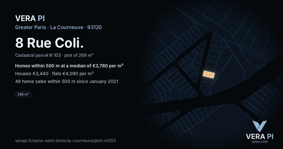8 Rue Coli, La Courneuve at night – the plot lit, the parcels around coloured by the prices near them