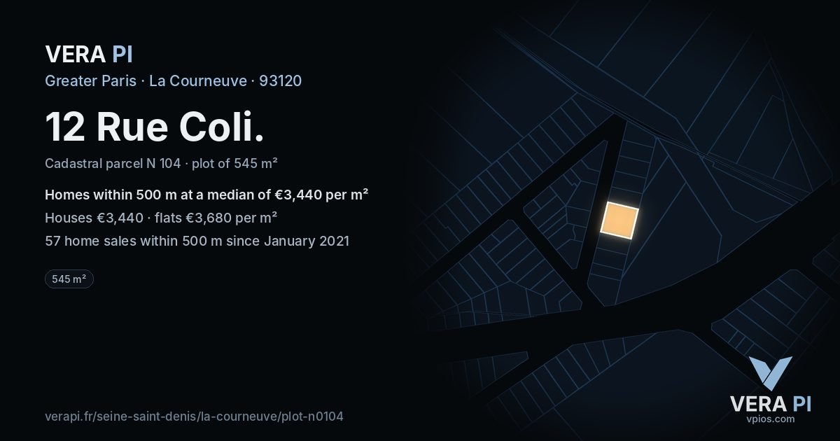 12 Rue Coli, La Courneuve at night – the plot lit, the parcels around coloured by the prices near them