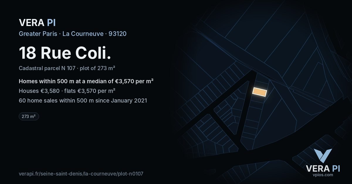 18 Rue Coli, La Courneuve at night – the plot lit, the parcels around coloured by the prices near them