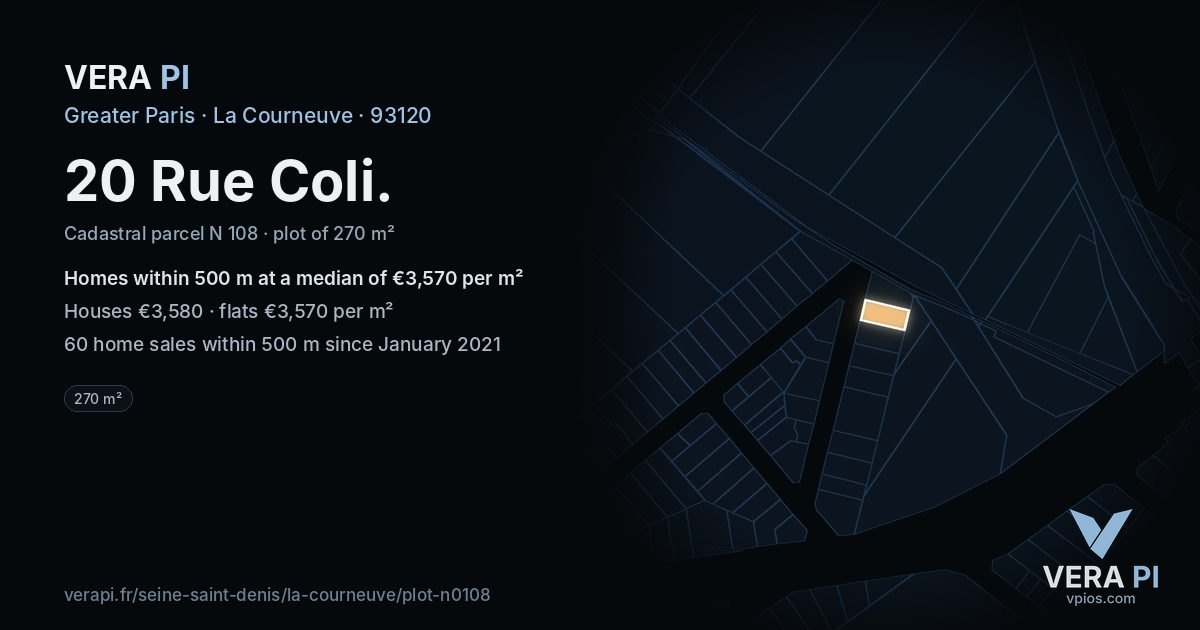 20 Rue Coli, La Courneuve at night – the plot lit, the parcels around coloured by the prices near them
