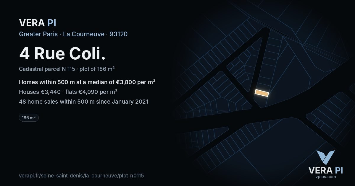 4 Rue Coli, La Courneuve at night – the plot lit, the parcels around coloured by the prices near them