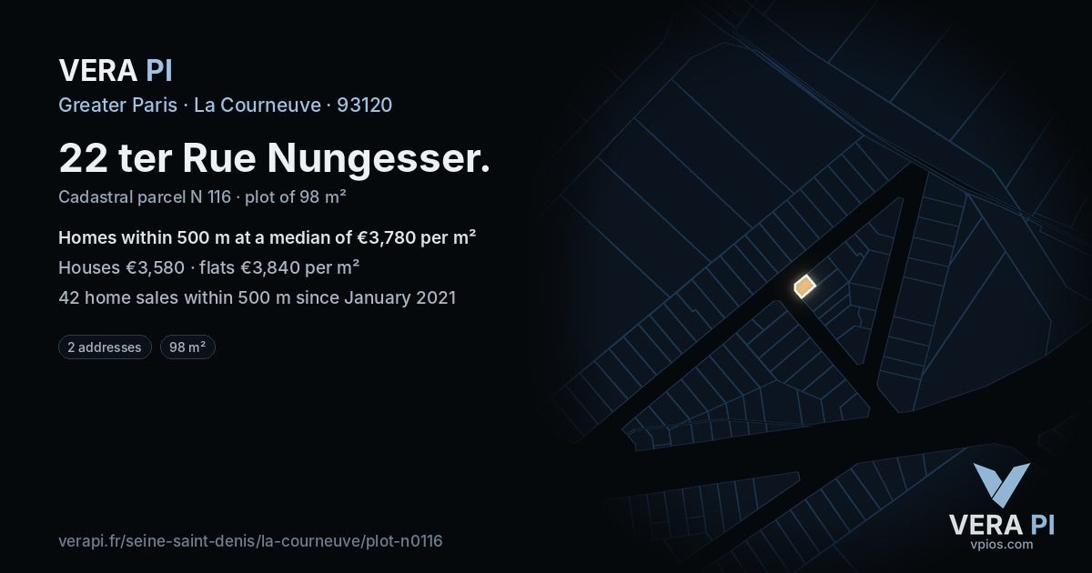 22 ter Rue Nungesser, La Courneuve at night – the plot lit, the parcels around coloured by the prices near them