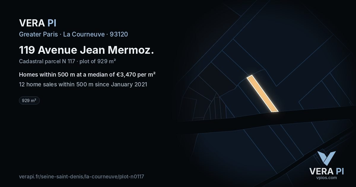 119 Avenue Jean Mermoz, La Courneuve at night – the plot lit, the parcels around coloured by the prices near them