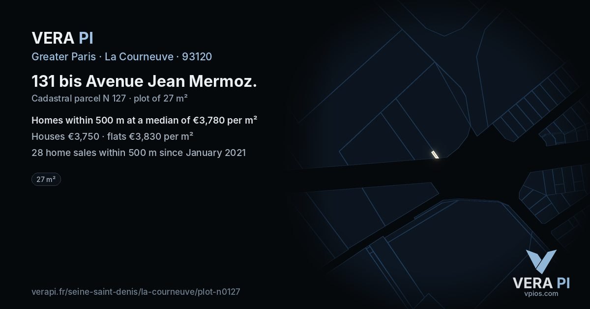 131 bis Avenue Jean Mermoz, La Courneuve at night – the plot lit, the parcels around coloured by the prices near them