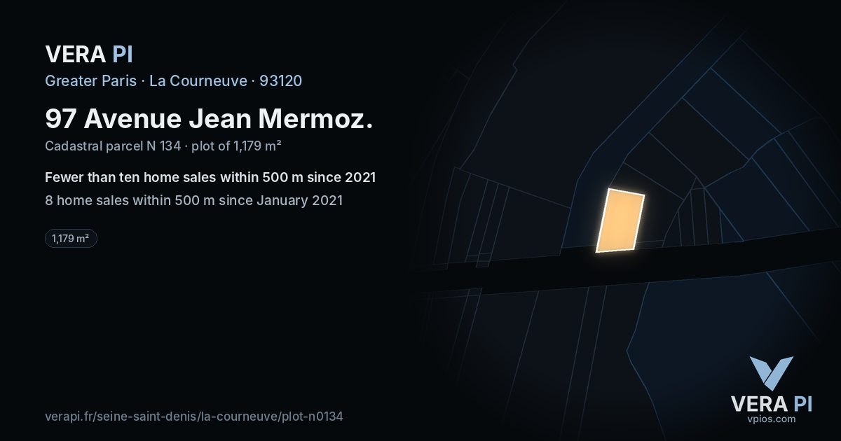 97 Avenue Jean Mermoz, La Courneuve at night – the plot lit, the parcels around coloured by the prices near them