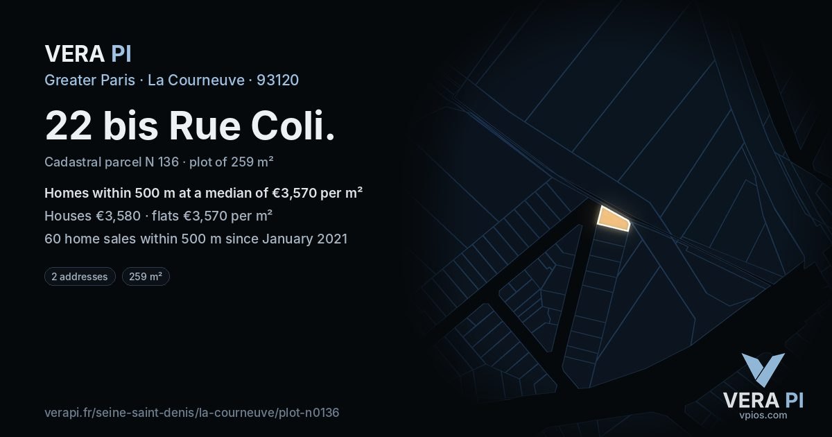 22 bis Rue Coli, La Courneuve at night – the plot lit, the parcels around coloured by the prices near them