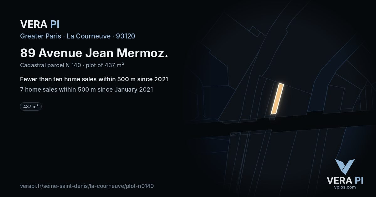 89 Avenue Jean Mermoz, La Courneuve at night – the plot lit, the parcels around coloured by the prices near them