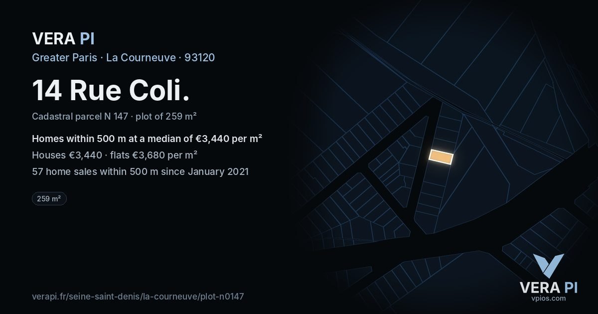 14 Rue Coli, La Courneuve at night – the plot lit, the parcels around coloured by the prices near them