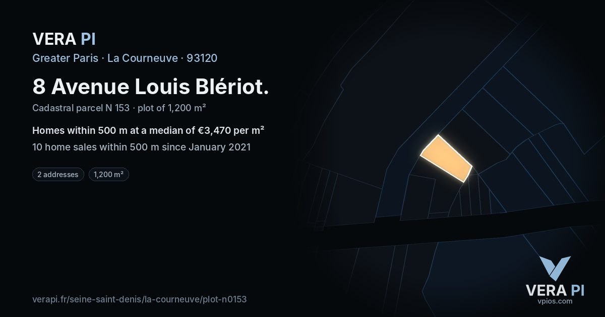 8 Avenue Louis Blériot, La Courneuve at night – the plot lit, the parcels around coloured by the prices near them