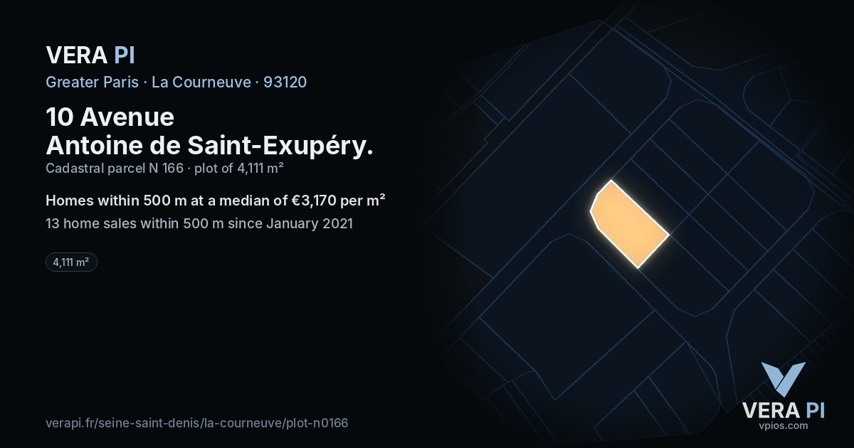 10 Avenue Antoine de Saint-Exupéry, La Courneuve at night – the plot lit, the parcels around coloured by the prices near them