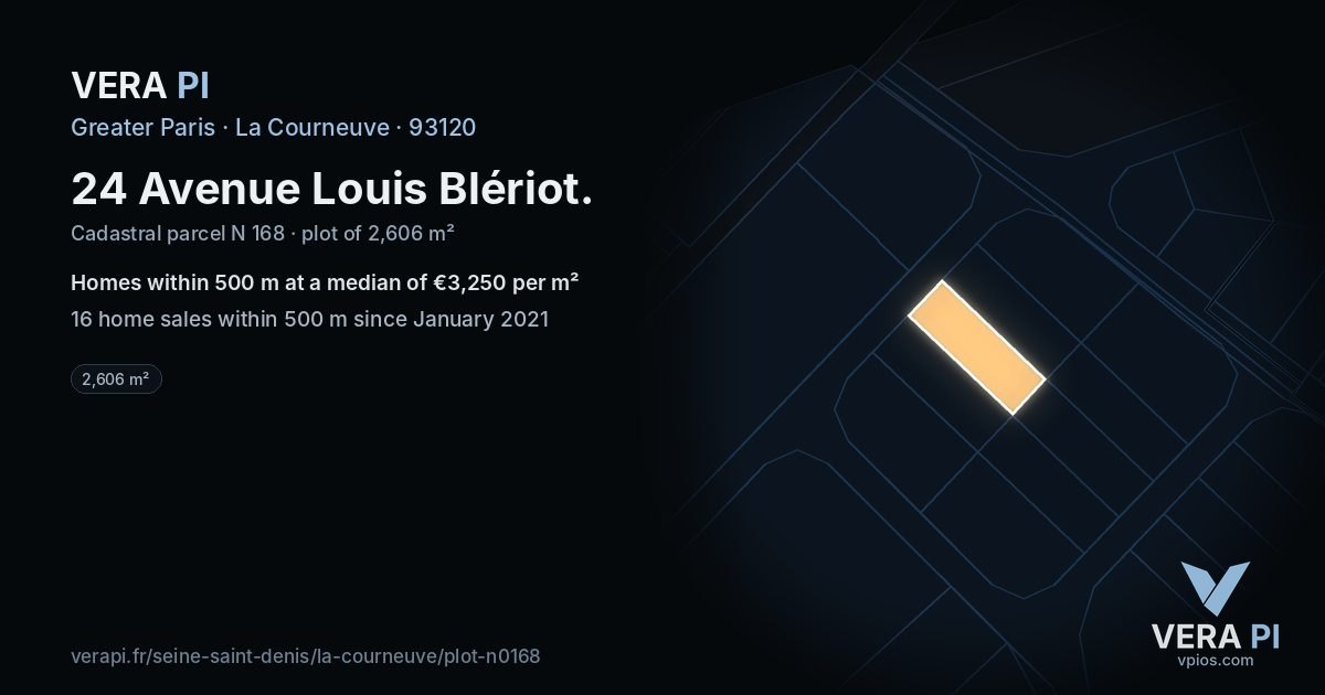 24 Avenue Louis Blériot, La Courneuve at night – the plot lit, the parcels around coloured by the prices near them