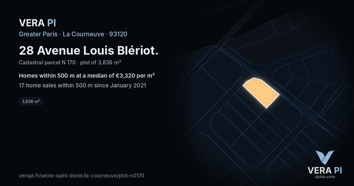 28 Avenue Louis Blériot, La Courneuve at night – the plot lit, the parcels around coloured by the prices near them