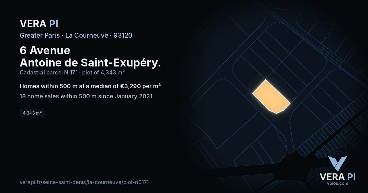 6 Avenue Antoine de Saint-Exupéry, La Courneuve at night – the plot lit, the parcels around coloured by the prices near them