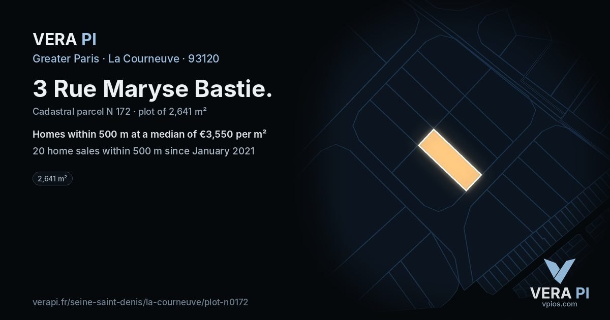 3 Rue Maryse Bastie, La Courneuve at night – the plot lit, the parcels around coloured by the prices near them