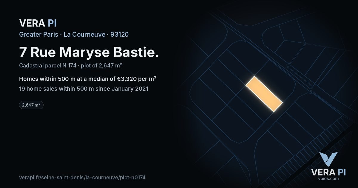 7 Rue Maryse Bastie, La Courneuve at night – the plot lit, the parcels around coloured by the prices near them