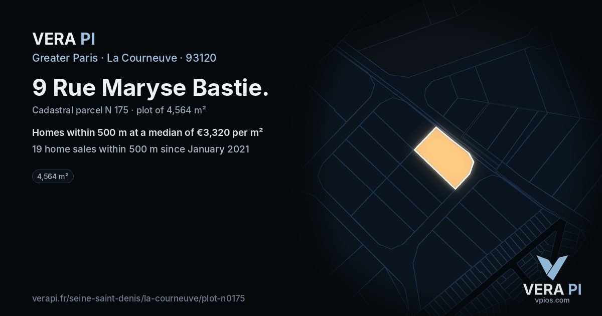9 Rue Maryse Bastie, La Courneuve at night – the plot lit, the parcels around coloured by the prices near them
