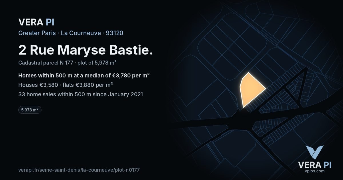 2 Rue Maryse Bastie, La Courneuve at night – the plot lit, the parcels around coloured by the prices near them