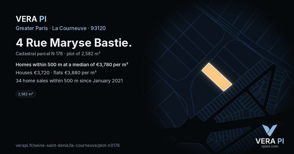 4 Rue Maryse Bastie, La Courneuve at night – the plot lit, the parcels around coloured by the prices near them
