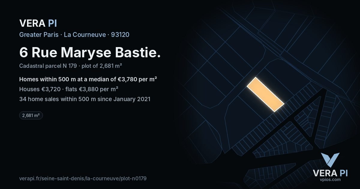 6 Rue Maryse Bastie, La Courneuve at night – the plot lit, the parcels around coloured by the prices near them
