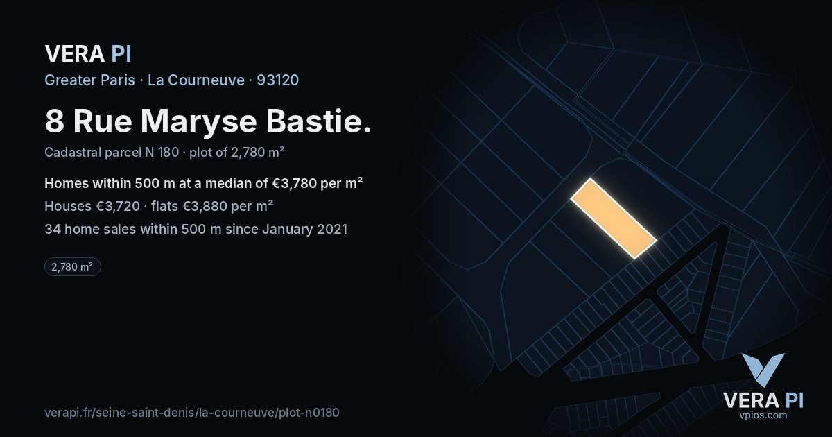 8 Rue Maryse Bastie, La Courneuve at night – the plot lit, the parcels around coloured by the prices near them