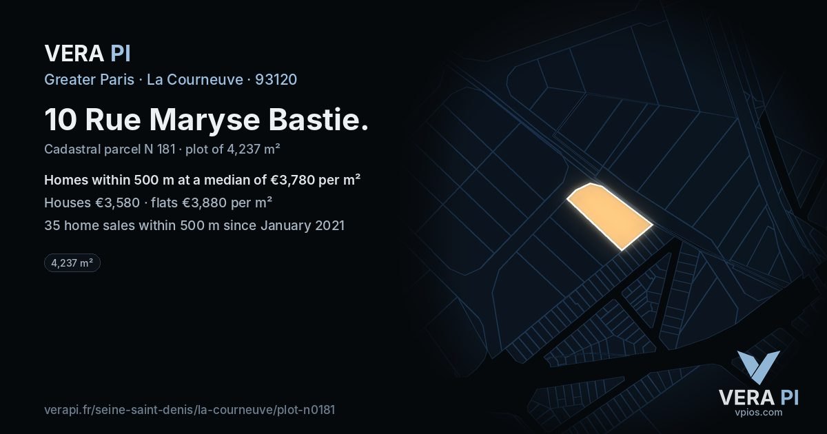10 Rue Maryse Bastie, La Courneuve at night – the plot lit, the parcels around coloured by the prices near them
