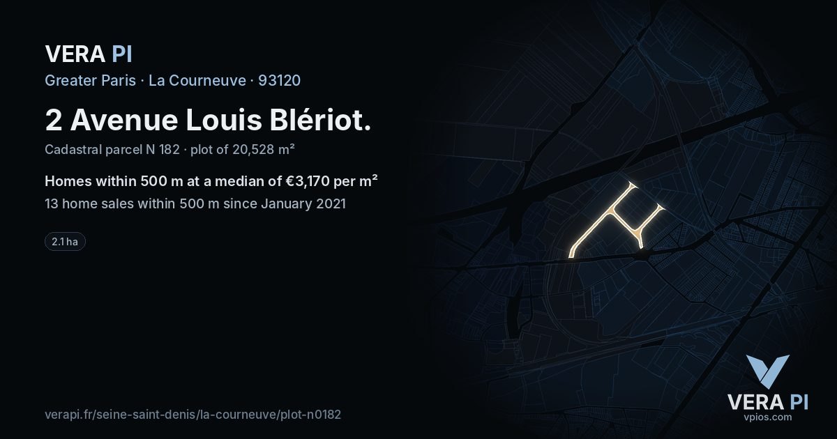 2 Avenue Louis Blériot, La Courneuve at night – the plot lit, the parcels around coloured by the prices near them