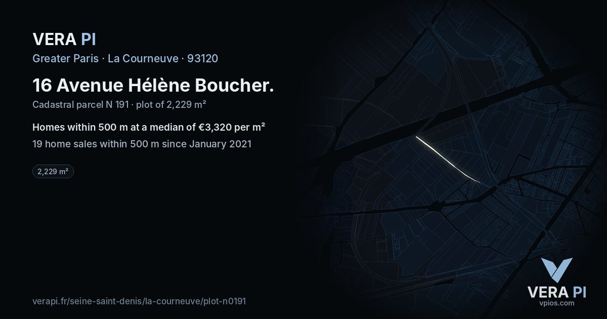 16 Avenue Hélène Boucher, La Courneuve at night – the plot lit, the parcels around coloured by the prices near them