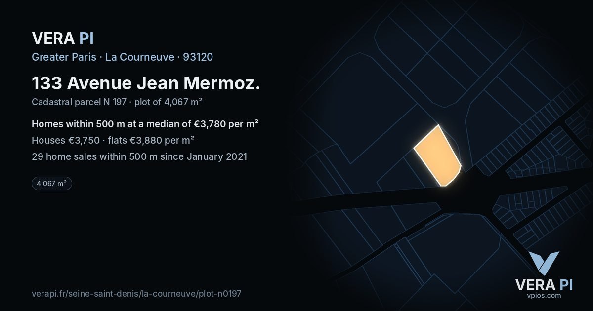 133 Avenue Jean Mermoz, La Courneuve at night – the plot lit, the parcels around coloured by the prices near them