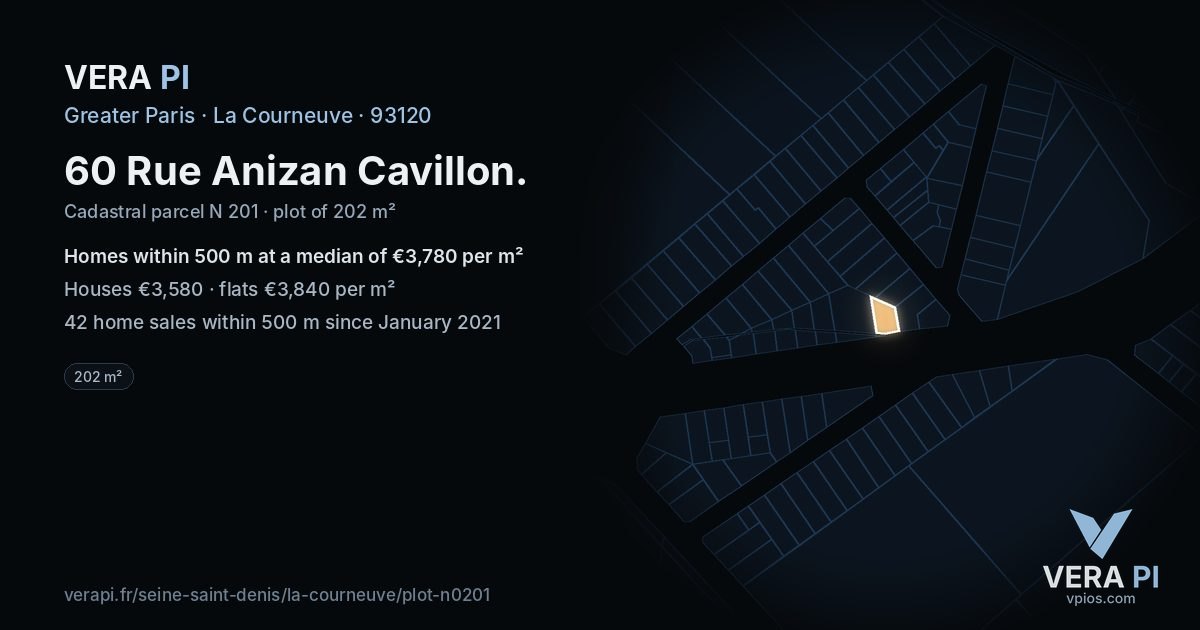60 Rue Anizan Cavillon, La Courneuve at night – the plot lit, the parcels around coloured by the prices near them
