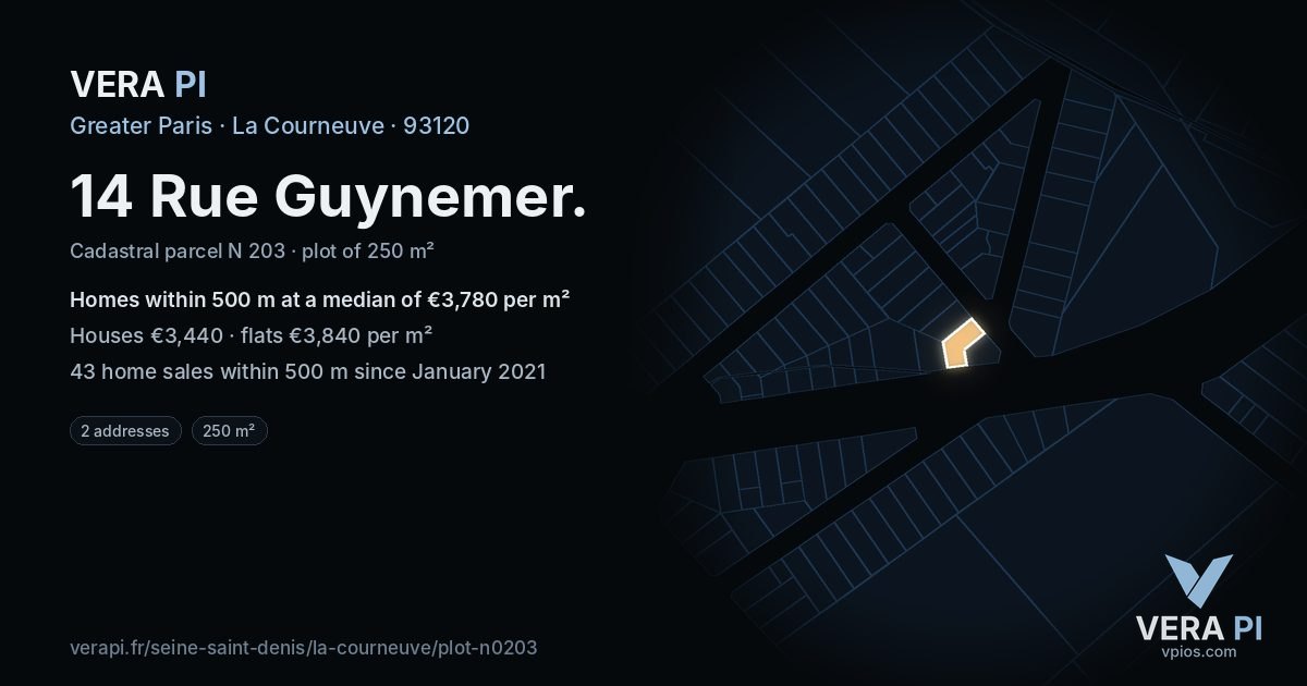 14 Rue Guynemer, La Courneuve at night – the plot lit, the parcels around coloured by the prices near them
