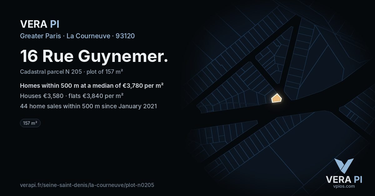 16 Rue Guynemer, La Courneuve at night – the plot lit, the parcels around coloured by the prices near them