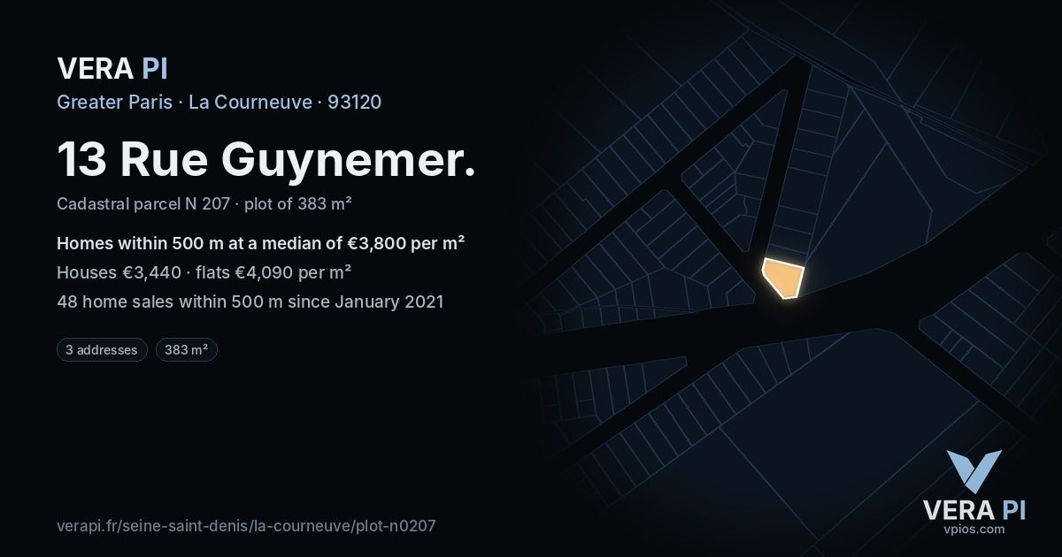 13 Rue Guynemer, La Courneuve at night – the plot lit, the parcels around coloured by the prices near them