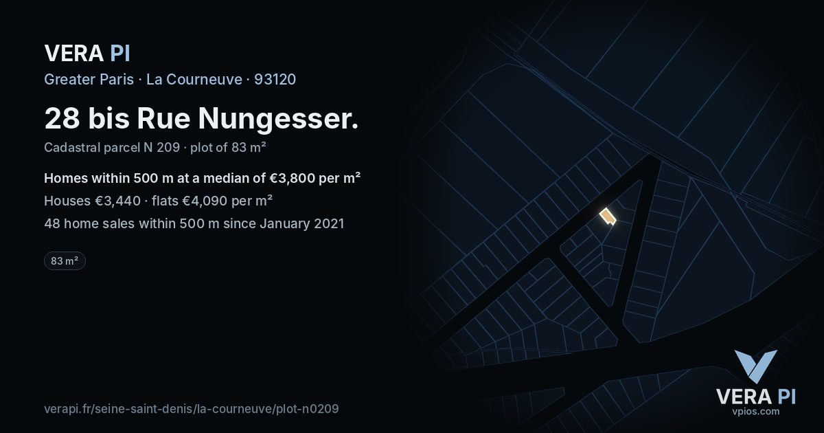 28 bis Rue Nungesser, La Courneuve at night – the plot lit, the parcels around coloured by the prices near them