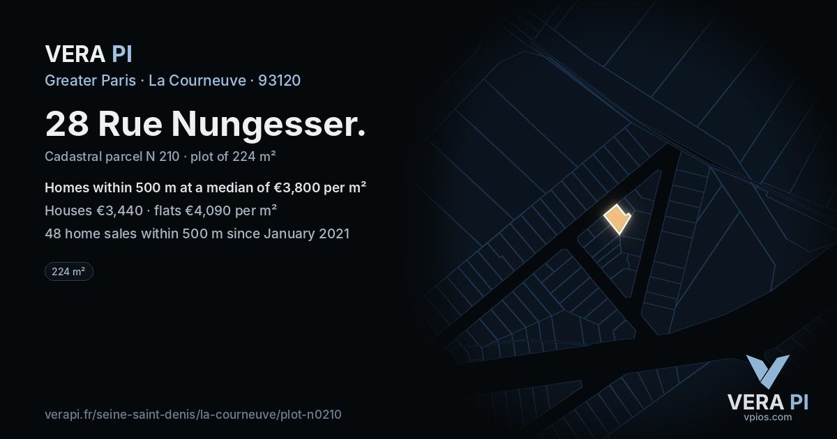 28 Rue Nungesser, La Courneuve at night – the plot lit, the parcels around coloured by the prices near them
