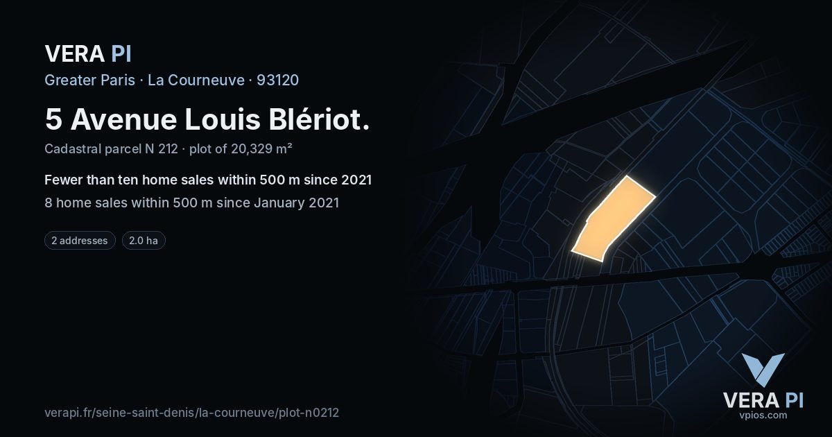 5 Avenue Louis Blériot, La Courneuve at night – the plot lit, the parcels around coloured by the prices near them