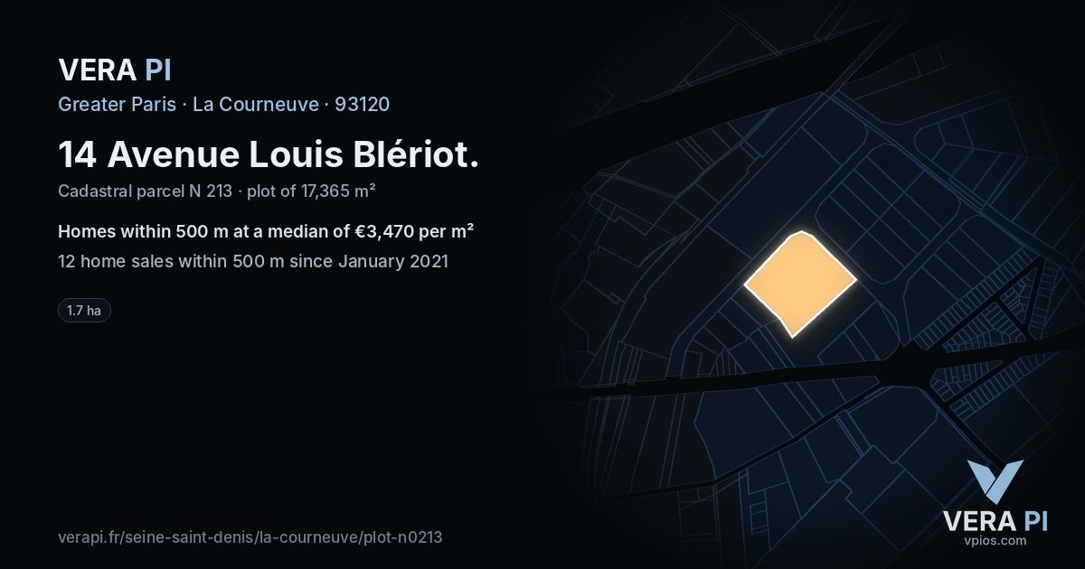 14 Avenue Louis Blériot, La Courneuve at night – the plot lit, the parcels around coloured by the prices near them