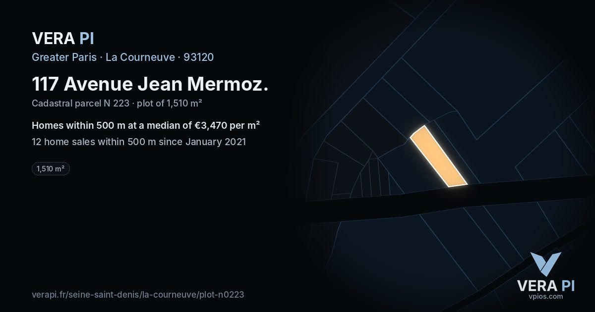 117 Avenue Jean Mermoz, La Courneuve at night – the plot lit, the parcels around coloured by the prices near them