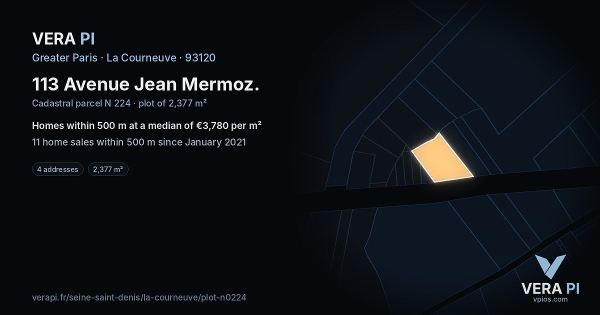 113 Avenue Jean Mermoz, La Courneuve at night – the plot lit, the parcels around coloured by the prices near them