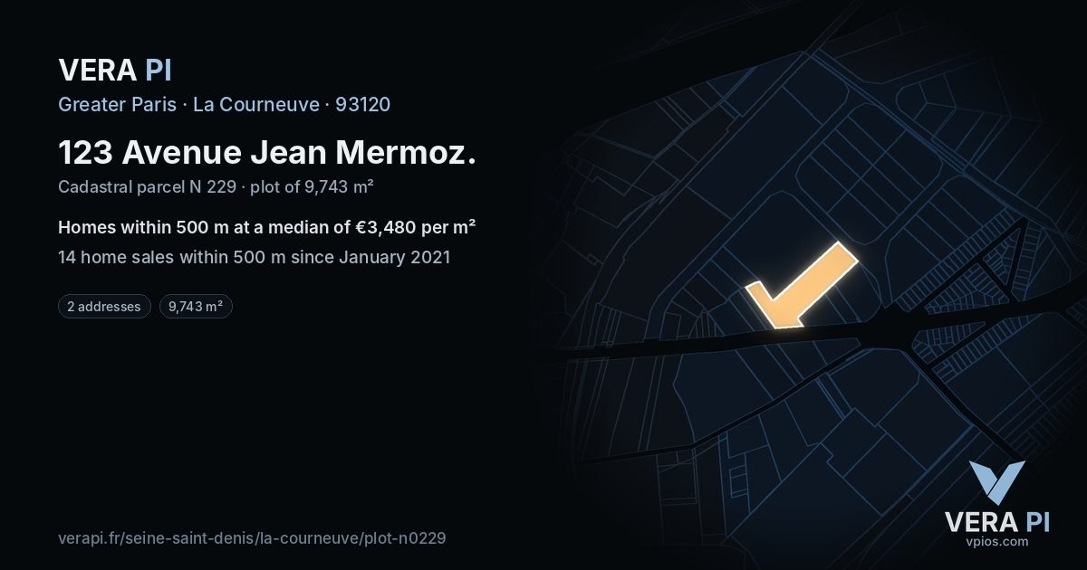 123 Avenue Jean Mermoz, La Courneuve at night – the plot lit, the parcels around coloured by the prices near them