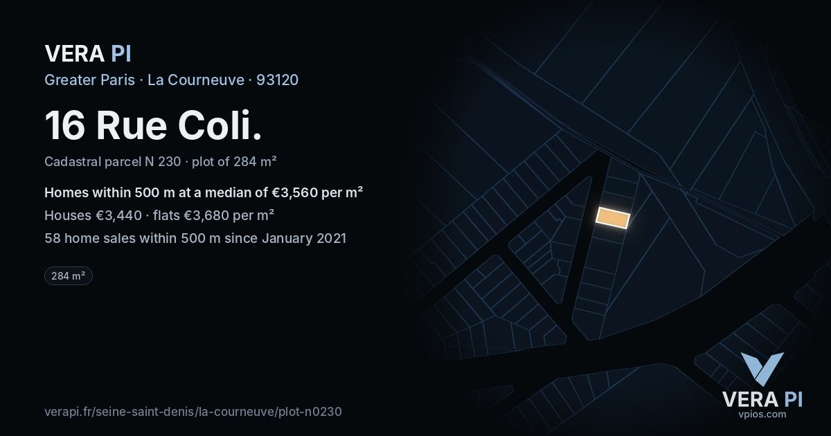 16 Rue Coli, La Courneuve at night – the plot lit, the parcels around coloured by the prices near them